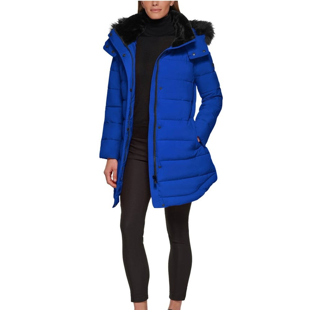 Women’s faux fur trim hooded coat with tulip hem